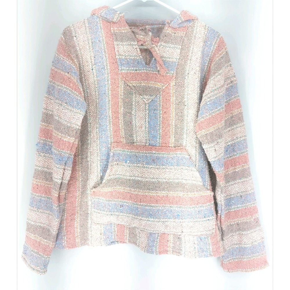Baja Pullover Mexican Jacket Hoodie‎ Soft Striped Hooded Sweatshirt Size Medium